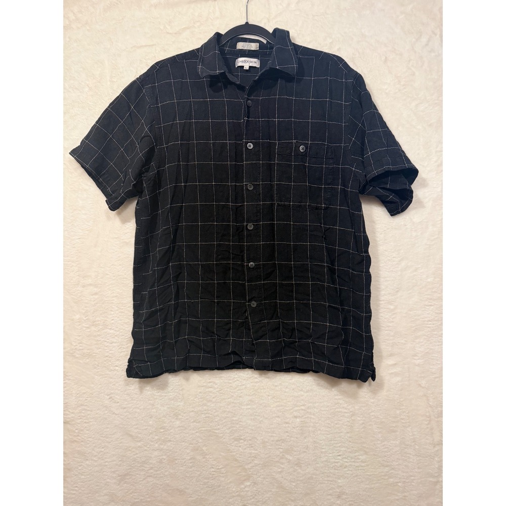 Chereskin Mens Large Linen Rayon Blend Grid Button Down Shirt Short Sleeve Black